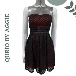 Qurio by Aggie Strapless Chevron Dress Black w/ Red Underlay – Size Medium